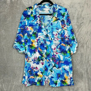 CD Daniels 2X Shirt Top Blue Floral Roll Tab Elbow Sleeve V Neck Semi Sheer